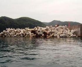 テトラポッドが沢山置かれている海側から見た東防波堤の写真