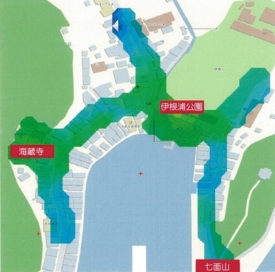 海蔵寺、伊根浦公園、七面山付近のWi-Fi提供エリア電波強度図-平田3箇所