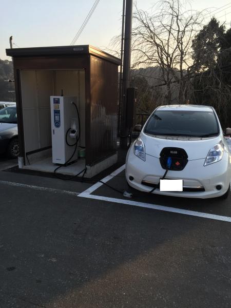 駐車場に設置されている急速充電器で車を充電している様子の写真