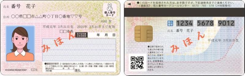 左：顔写真付きの個人番号カード（表）、右：個人番号と名前、ICチップのある個人番号カード（裏）の見本