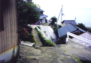 住宅の横にある通路が細く、高低差がある道路工事前の集落環境の写真
